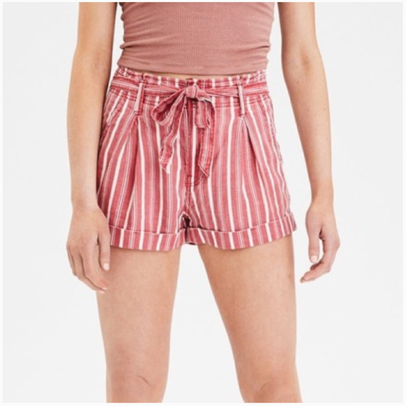 AEO • Red White Linen High Waist Paper Bag Shorts - Picture 1 of 9